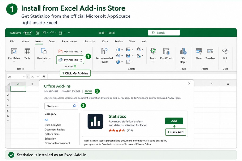 Step 1: Install Statistico from the Excel Add-ins Store